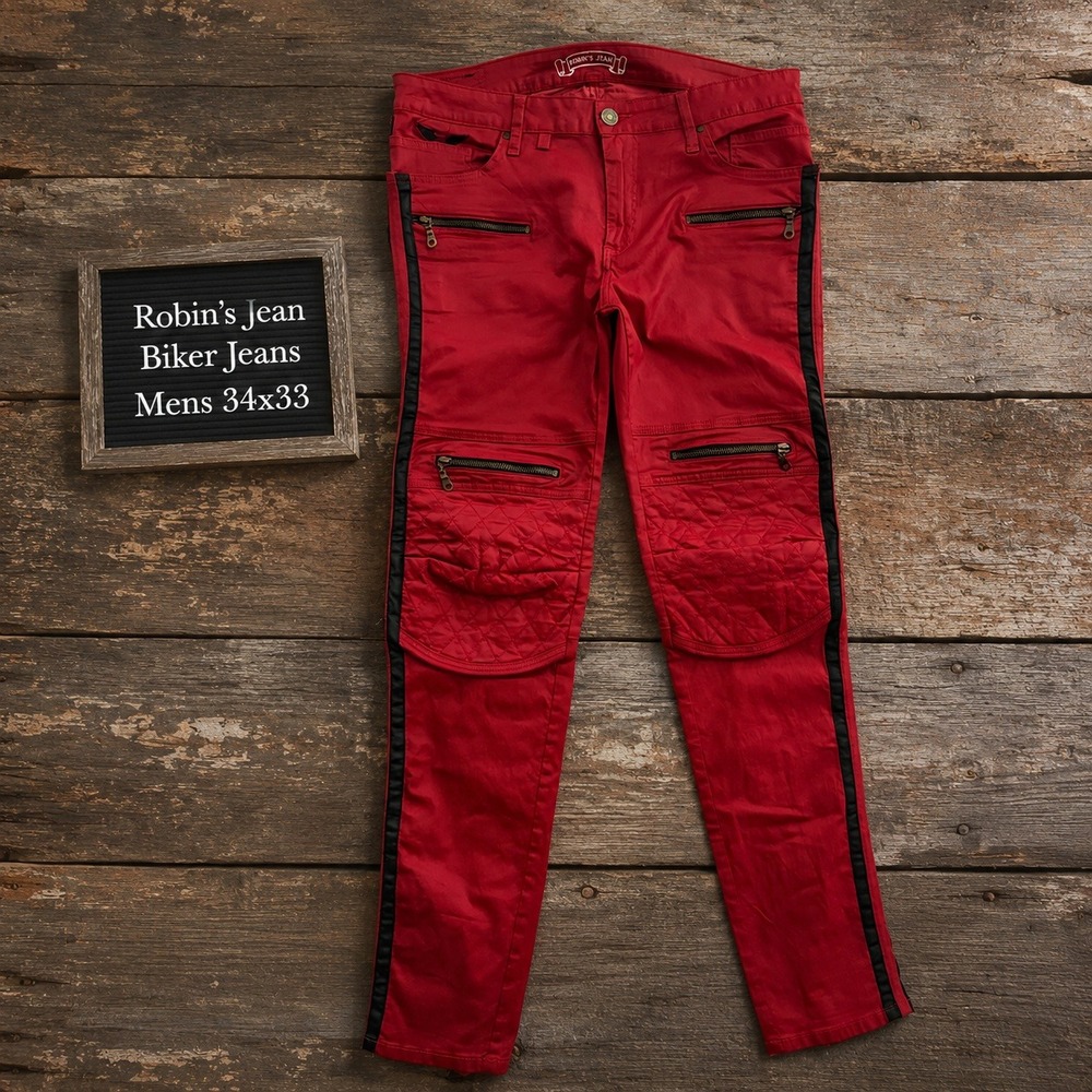 Robin's Jean Mens Red Biker Moto Jeans Quilted Knee Side Stripe Size 34x33 USA
